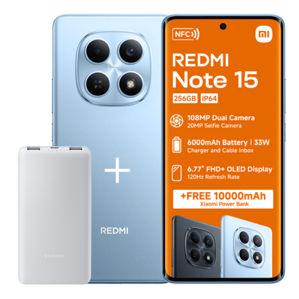 22_RedmiNote15BluePOWERBANKReno15Pro-DuskBrown Redmi Note 15 8GB RAM 256GB ROM Dual SIM + 10,000mAh Power Bank